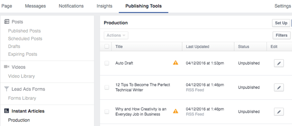 Ferramentas de publicação de artigos instantâneos do Facebook