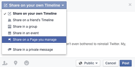 share on a facebook page you manage