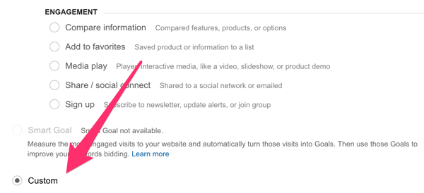 select custom goal in google analytics