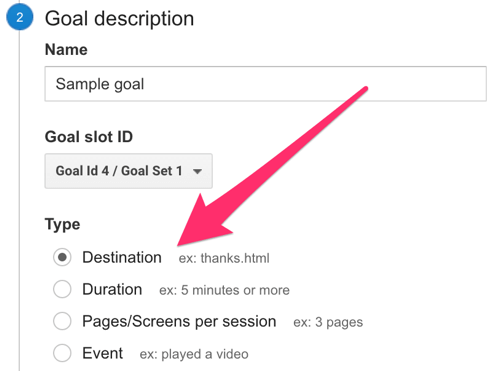 select destination as goal type in google analytics