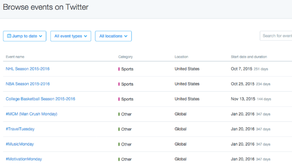 twitter browse events list