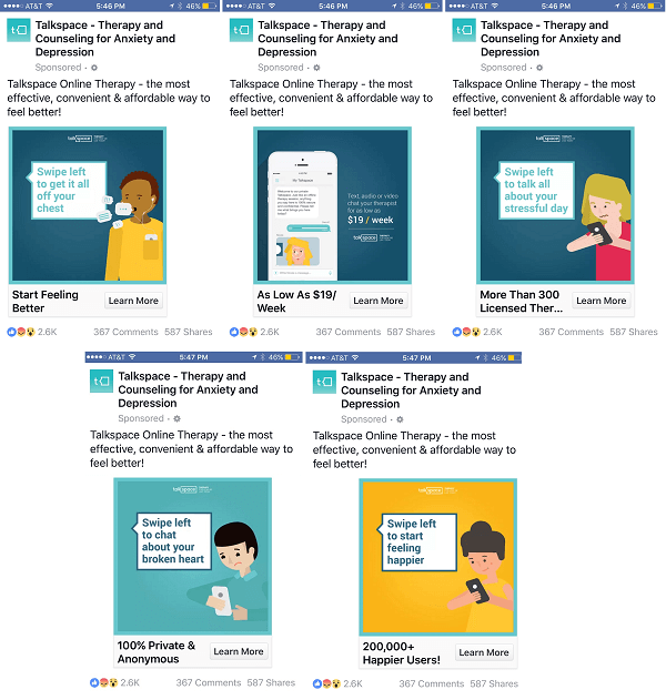 talkspace facebook carousel ad