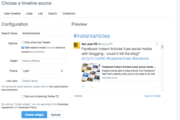 create twitter search widget