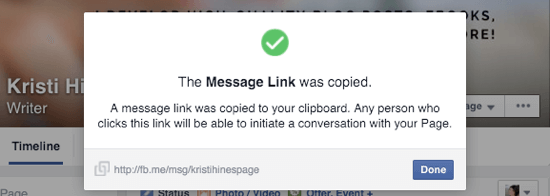 Facebook Messaging Link kopiert