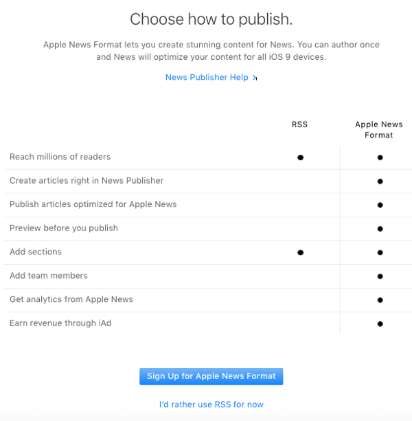 apple news publish options