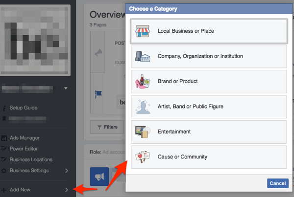 facebook page choose business category