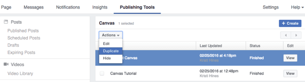 facebook publishing tools canvas