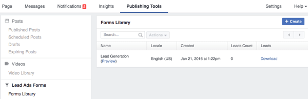 facebook publishing tools lead forms