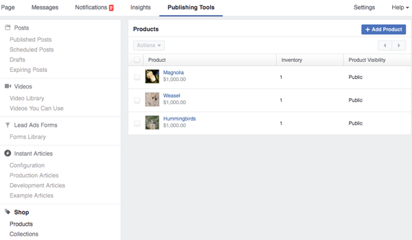 facebook publishing tools shop section