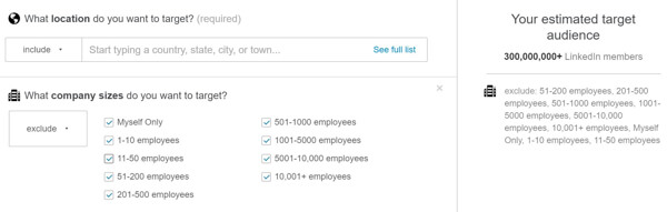 linkedin audience filtered to exclude company sizes