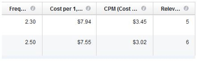 facebook ad metrics sample