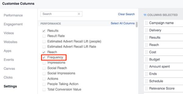 facebook ad manager customize columns to add frequency