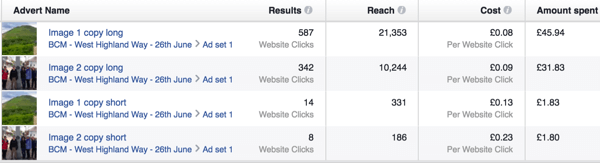 facebook ad campaign results sample