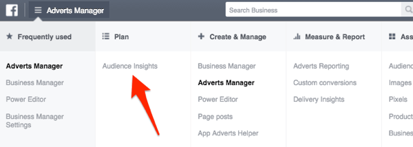 facebook ads manager menu showing audience insights