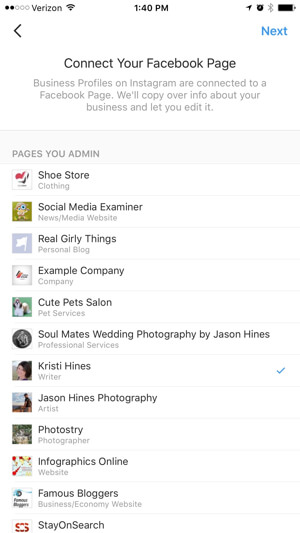 instagram business profile connect to facebook page