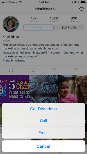 instagram business profile contact options