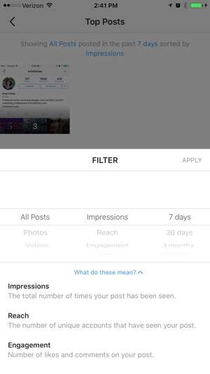 instagram business profile insights filter