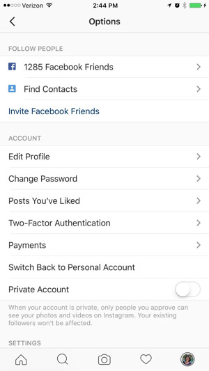 instagram business profile options