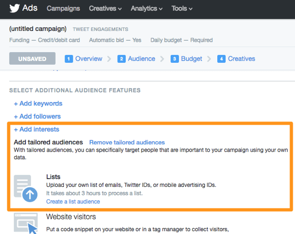 twitter ads add tailored audience