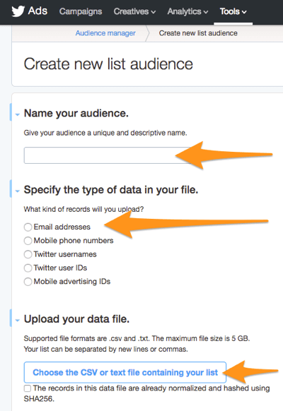 twitter ads create new list audience