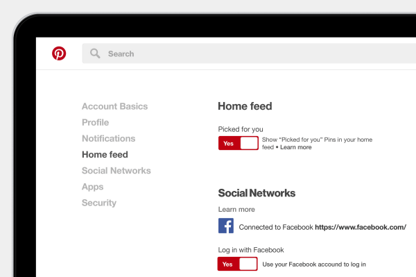 pinterest sharing and account options