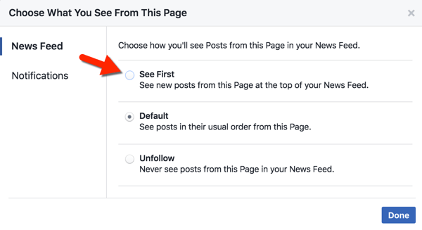facebook page see first