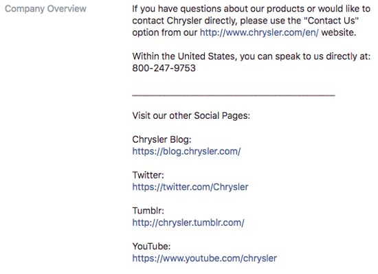 chrysler facebook page company overview