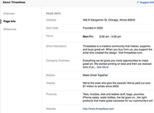 threadless facebook page info
