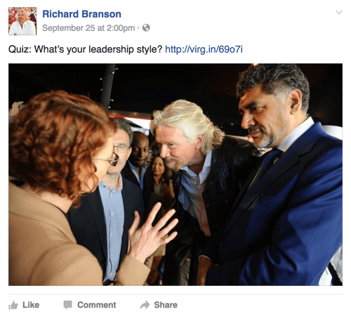 richard branson facebook post with quiz