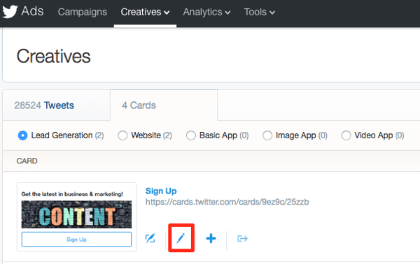 edit twitter lead generation card