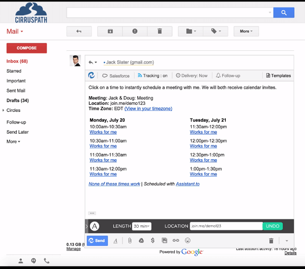 Easily schedule meetings via Gmail with Assistant.to.