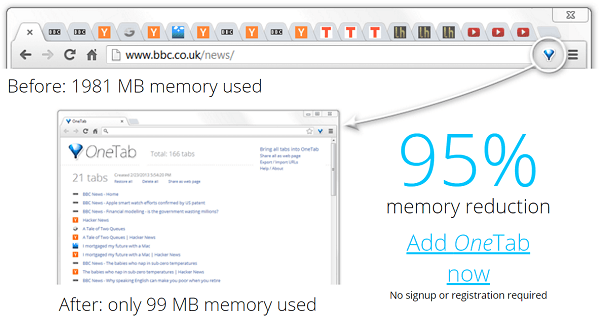 Merge your tabs with one click using OneTab.