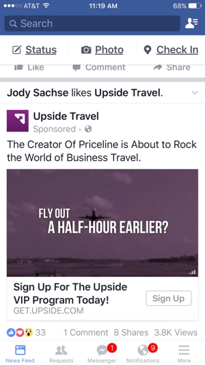 upside travel facebook video ad