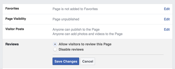 facebook page reviews setting