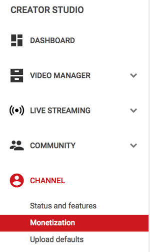 monetization menu option under channel on youtube