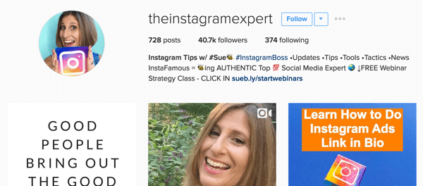 sue b zimmerman instagram bio - how to get meaningful followers on instagram