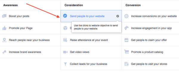 facebook ad objective options
