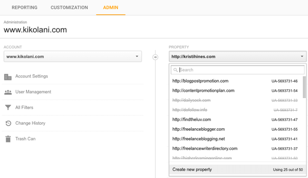 google analytics create property