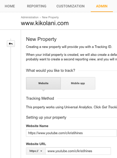 add youtube url as website in google analytics
