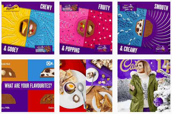 Der Instagram-Feed für Cadbury's konzentriert sich auf ihre ikonische lila Farbe.