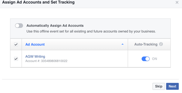 Facebook can automatically assign ad accounts to your offline event or you can assign them yourself manually.