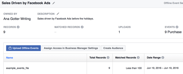 Even after offline events are established, you can continue to upload new data to Facebook so your analysis stays up to date.