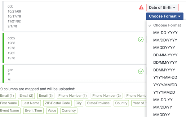 Facebook will flag any area that has formatting errors or if clarification is needed on how you've formatted data.