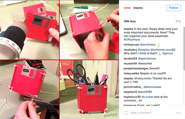 This Instagram photo collage by Staples shows a clever way to repurpose floppy disks into a desk accessory.