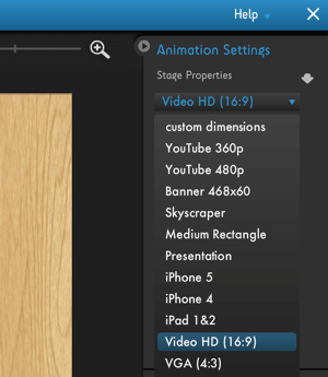 Click the Moovly Animation Settings menu to see video platform optimization options.