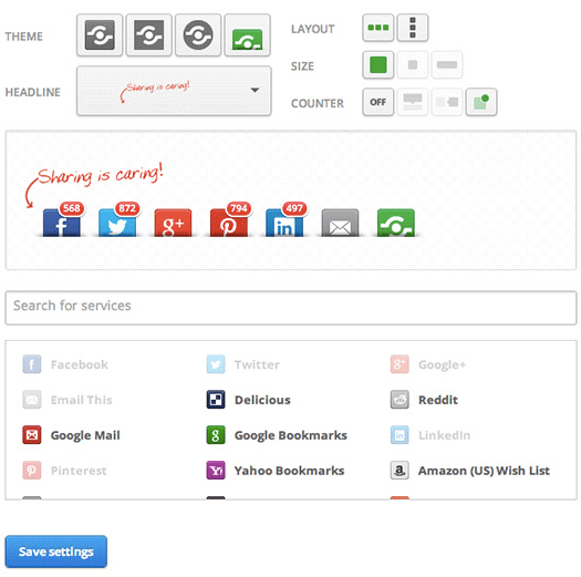 The Shareaholic WordPress plugin lets you change a number of settings in the configuration panel.