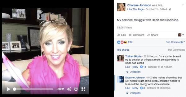 Facebook Live video post on Chalene's Facebook page.