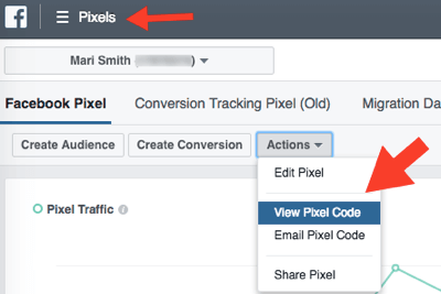 Select View Pixel Code from the Actions menu to view your Facebook Pixel code.