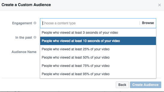 Narrow your custom Facebook audience by percentage of video watched.