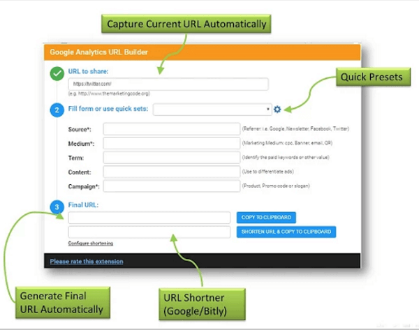 Easily create UTM codes with Google Analytics URL Builder.